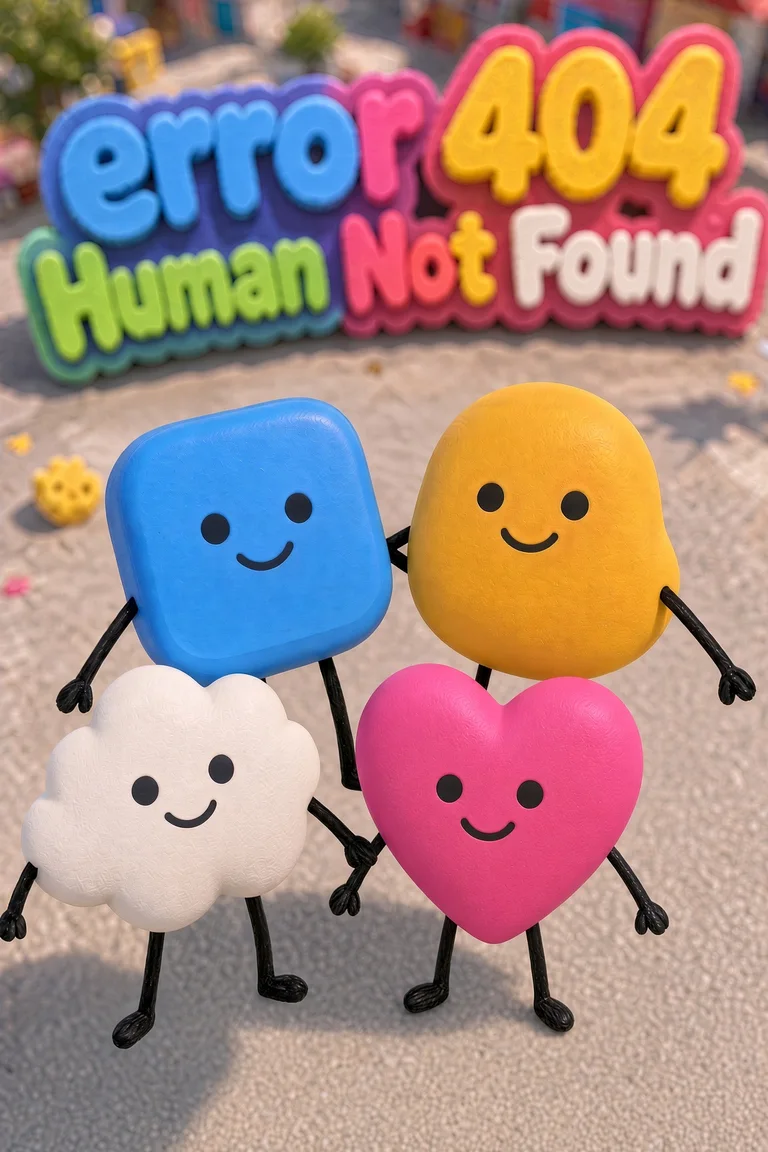 The four characters with little black arms and legs pose together outdoors in front of a big colorful puffy sign: DGT and Mote in the back, Nimbus and Pulse in front, all smiling.