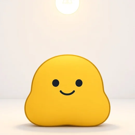 Mote, a soft yellow blob with two dot eyes and a small smile, sitting under a lightbulb.