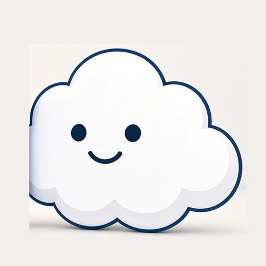 Nimbus, a fluffy white cloud with a navy outline, dot eyes and a smile.