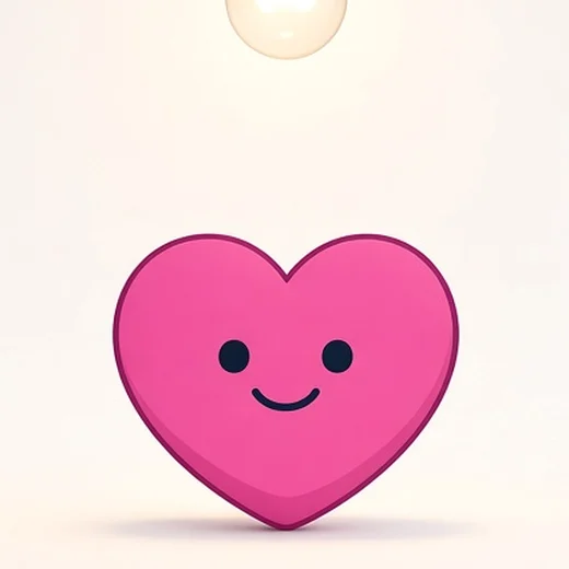 Pulse, a pink heart with dot eyes and a smile, sitting under a lightbulb.