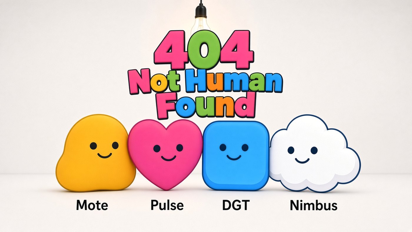 Title card of Error 404: Not Human Found: bubbly pink, green and blue letters above four smiling characters in a row under a hanging lightbulb: Mote the yellow blob, Pulse the pink heart, DGT the blue square and Nimbus the white cloud.