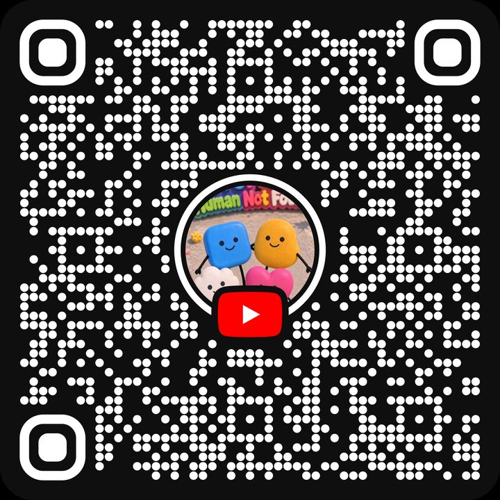 QR code to the YouTube channel, with the crew and a YouTube play button in the center.
